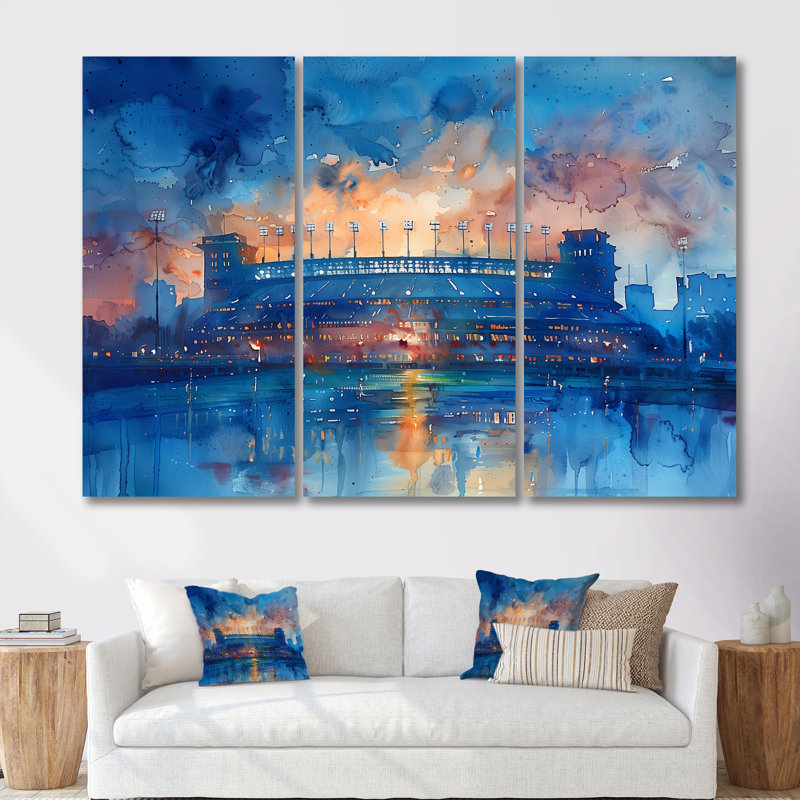 «Blue Orange Footbal Stadium At Night - Stades», ensemble de reproduction d'art mural, Toile tendue