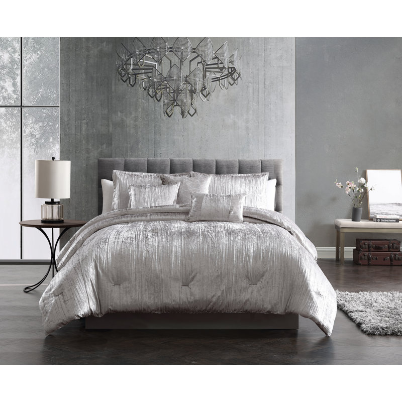 Turin Silver Crinkle Velvet Queen Comforter Set