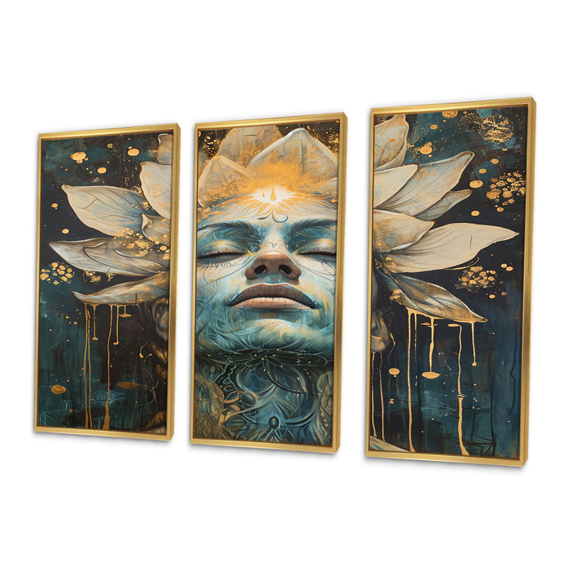«Awakening Blue Lotus Woman», ensemble d'impressions d'art mural, Cadre flottant doré, H 32 po x l 48 po x P 1 po