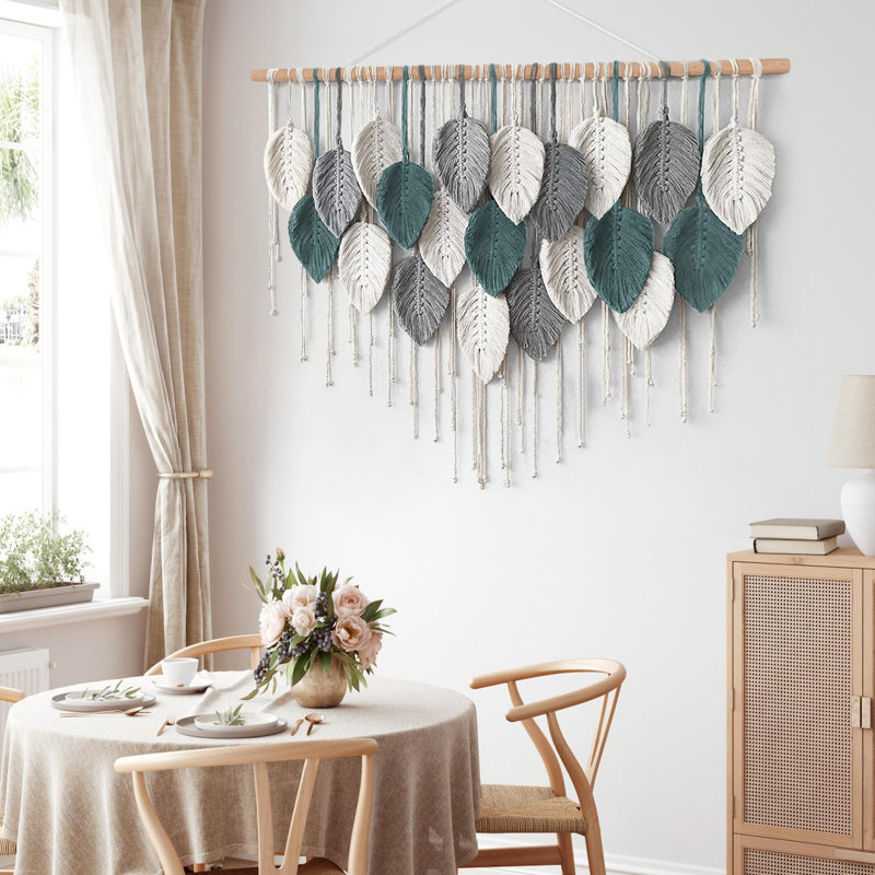 Grande tenture murale en macramé, décor bohème pour la maison, tapisserie en macramé tissée à la main, motif de feuilles bohèmes, décoration murale moderne et chic pour chambre, salon, chambre d'enfant ou bureau. Dimensions : 99 cm (largeur) x 75 cm (longueur).