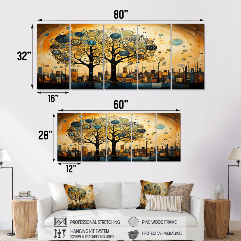 Art mural en spirale Art nouveau Pittoresque Town II - arbre, art mural 5 pièces, H 32 po x l 80 po