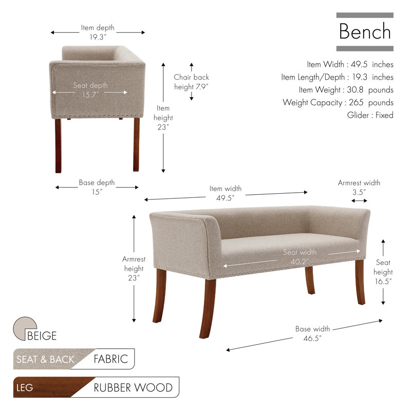 Sabrina Fabric Upholstered Bench with Rubberwood Legs, Beige