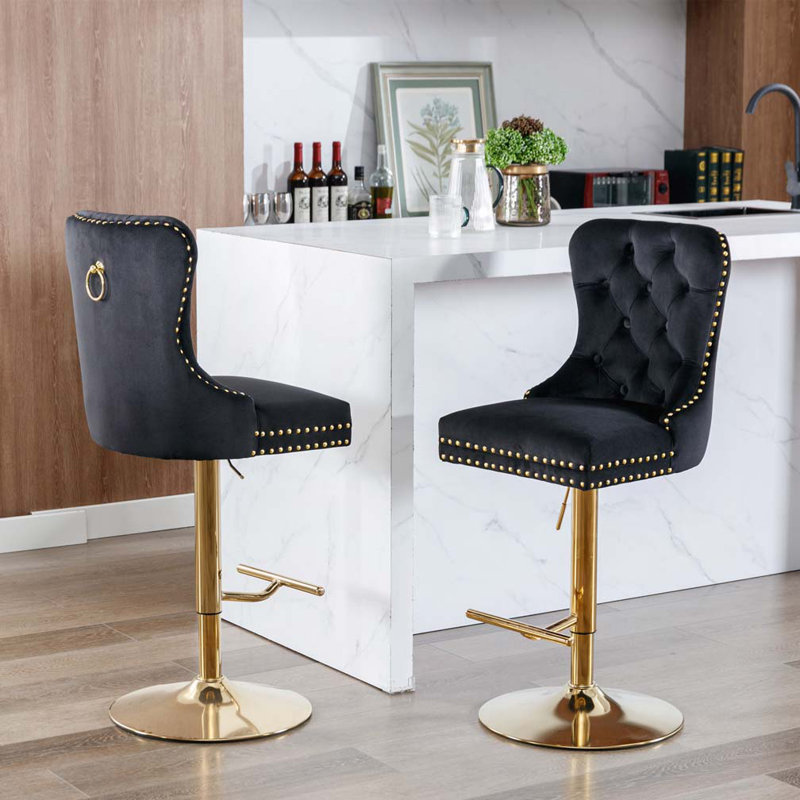 Baldock 2PC Swivel Adjustable Height Barstools,Modern Upholstered Stools with Tufted Back, Black