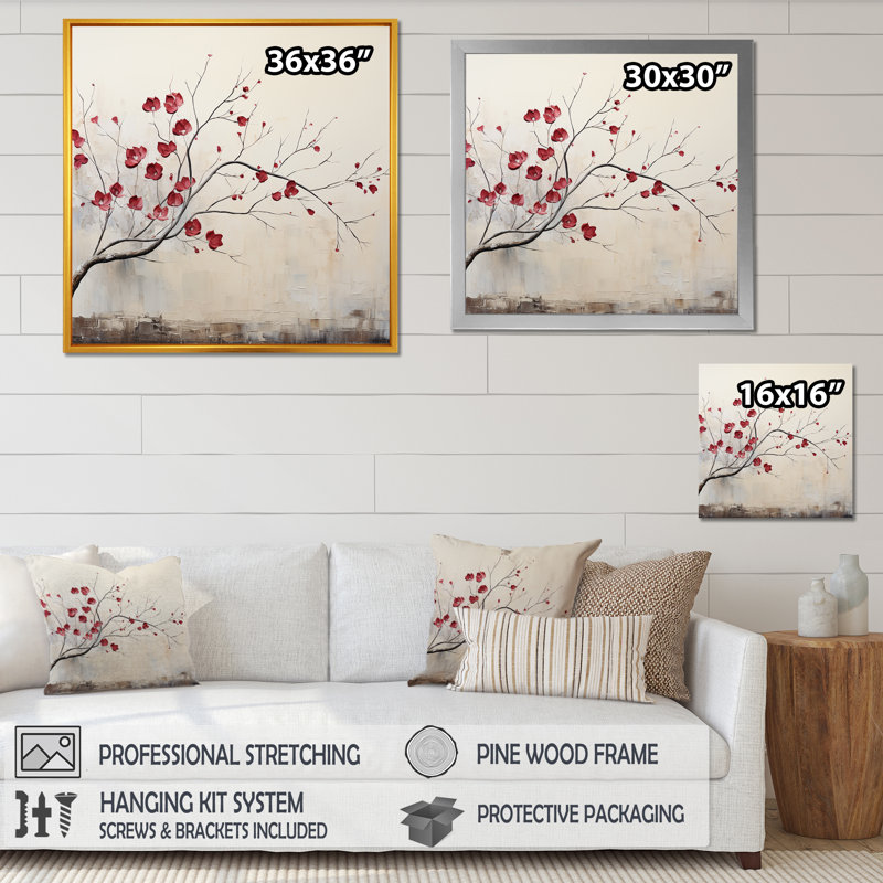 Minimaliste grenat Grace Leafy Dreamscape sur toile, Cadre flottant noir, H 36 po x l 36 po x P 1,5 po