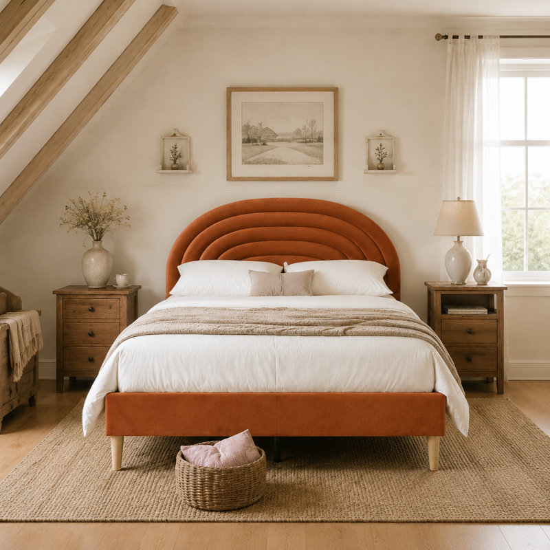 Lit tapissier festonné Halis, Double, Ours en peluche ocre