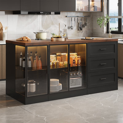 71"W Double Side Kitchen Island With Glass Door,  3 Cabinet And Drawers & Power Outlet by Latitude Run