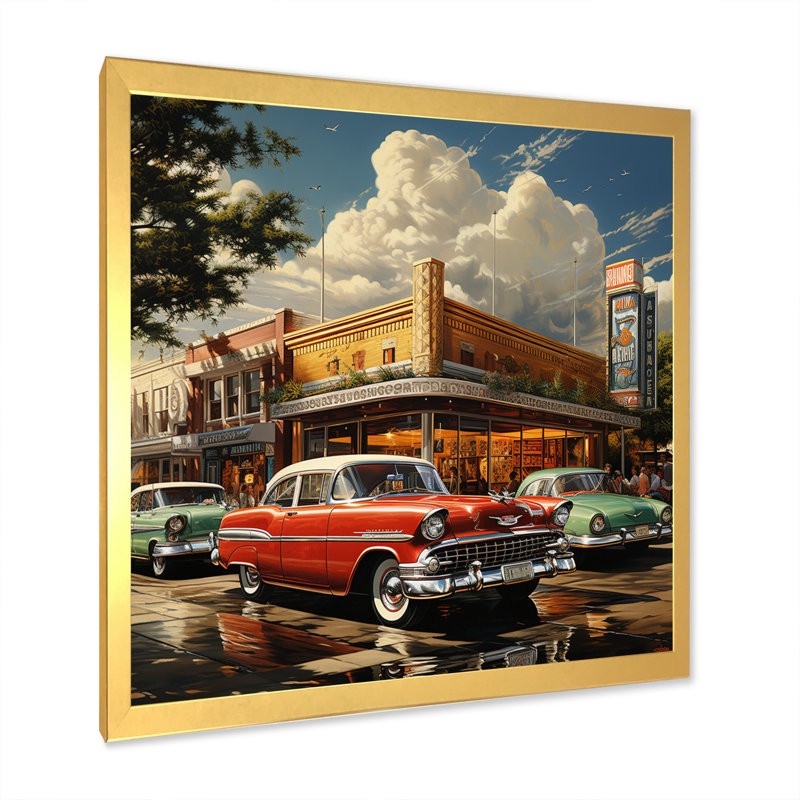 Red Mid Century Retro Reverie - Transportation Canvas Wall Art, Encadrement doré, H 16 po x l 16 po x P 1 po