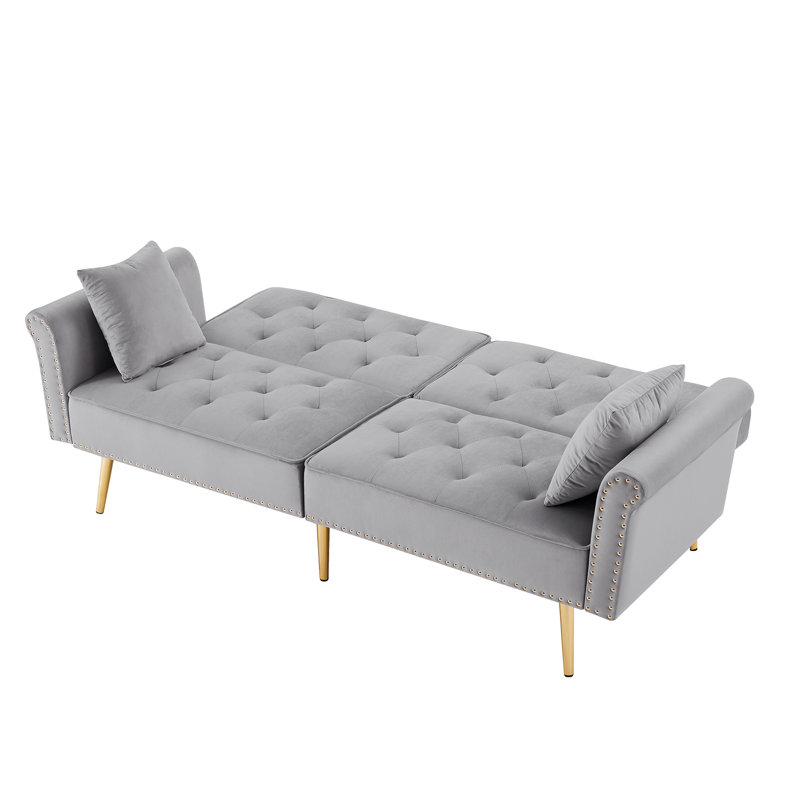 Canapé-lit simple à dossier capitonné en velours de 76,7 po de largeur, H 32,2 po x l 76,7 po x P 33 po, Gris clair