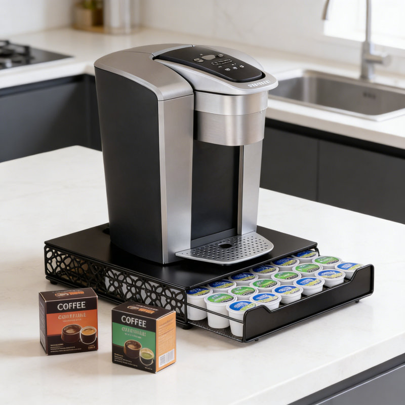 Tiroir de rangement à café avec capacité de 42 tasses K, fabrication robuste en fonte et conception compacte pour le rangement sur le comptoir