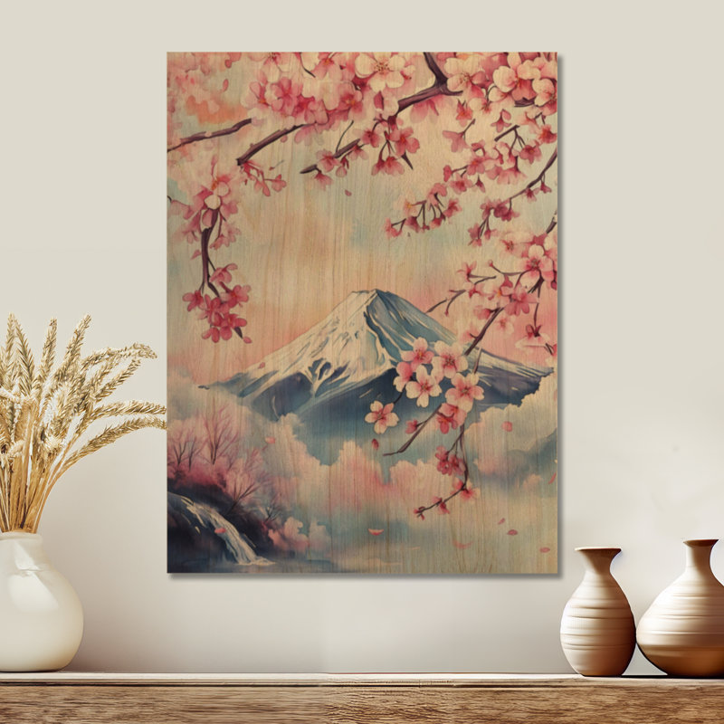 Mont Fuji avec fleurs de cerisier - art mural en bois naturel, H 24 po x l 18 po, Rectangulaire