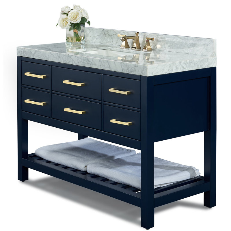 Elizabeth 48'' W Single Vanity, Carrara White, Gold, Heritage Blue