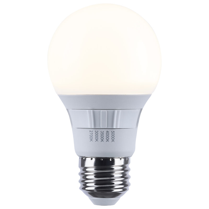 9 Watt A19 LED 27K/3K/35K/4K/5K CCT Selectable Medium Base White Finish 120 Volt