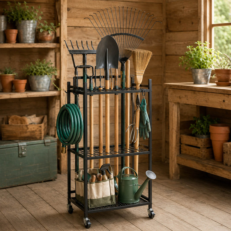 Porte-outils de jardin roulant, support de rangement métallique pour outils de jardin avec roulettes, crochets et pieds réglables