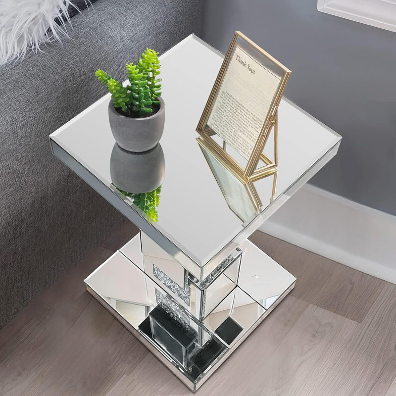 Modern Silver Mirrored End Table With Crystal Inlay, Geometric Design Accent Table For Living Room And Bedroom
