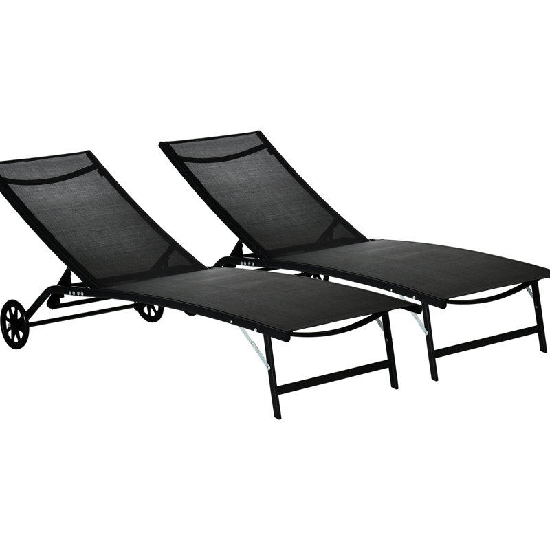 Méridienne 2 pièces avec roulettes, noir, 5 réglages réglables, pour patio, plage, cour, piscine, fournitures de camping pour adultes Plage noire pliante pour adultes