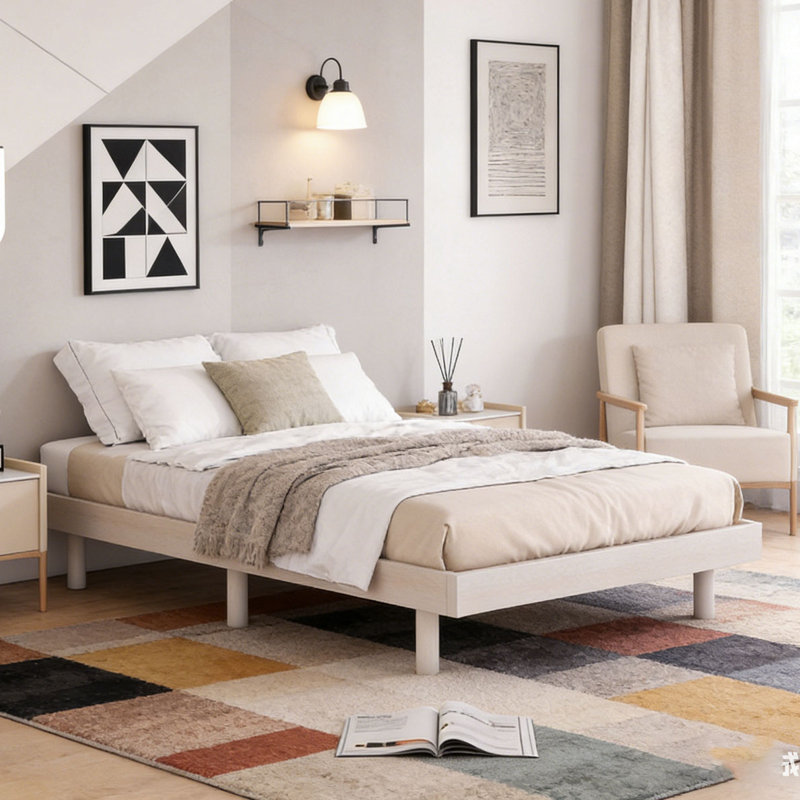 Base de lit plateforme moderne flottante, Lit simple, Blanchies