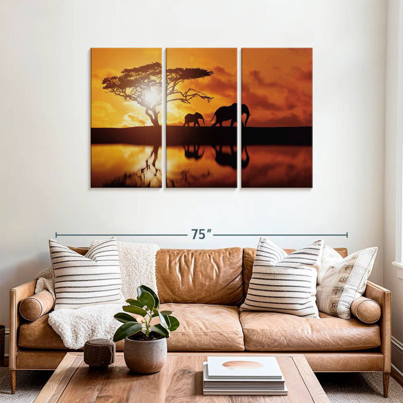 Brampt Elephant Silhouettes At Sunset, 36" H x 57" W