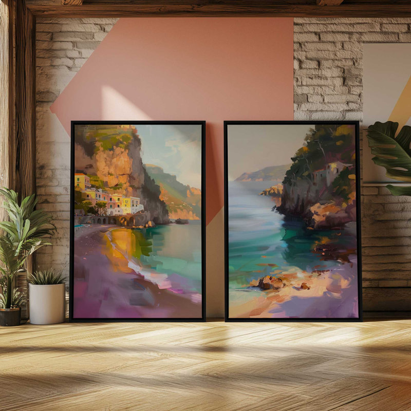 Ensemble de 2 impressions Amalfi Sunset Glow, Cadre flottant en chrome poli, 30 po x 20 po