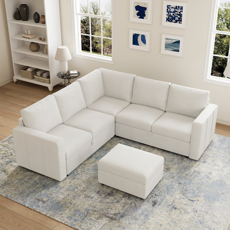 Aubade L-Shaped Modular Storage Sofa Set, Beige Chenille