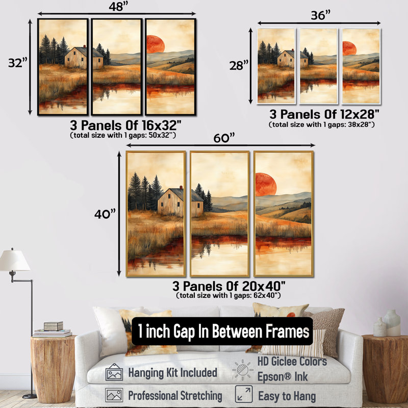 Orange And Black Farm Landscape Earthy Elegance - Farmhouse Wall Decor Set, Natural Floater Framed Canvas
