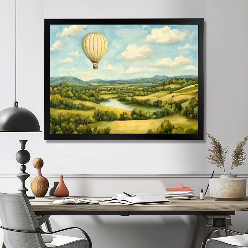 Balade en montgolfière au-dessus de la vallée en Italie I - Montgolfière, salon d'art mural, H 24 po x l 32 po, Noir
