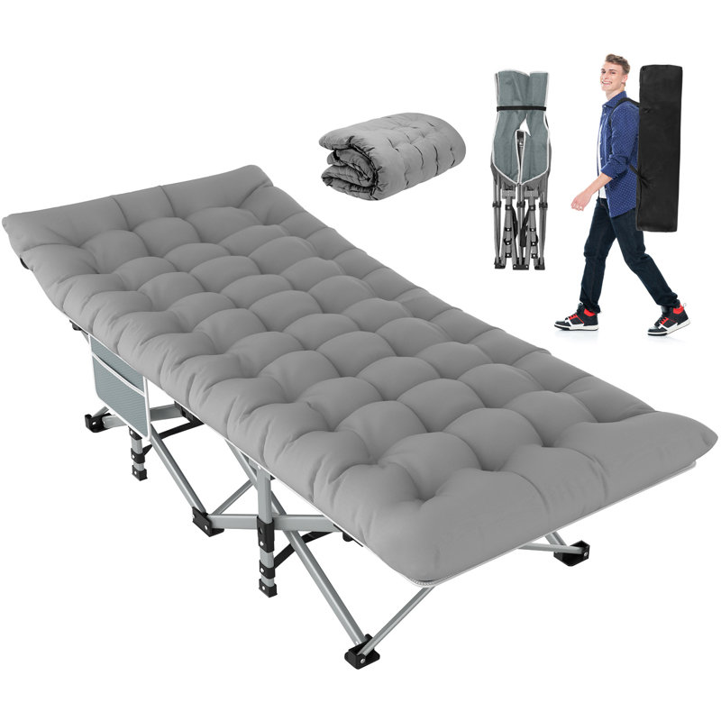 Lit de camp pliant pour l'extérieur avec matelas et sac de transport, gris