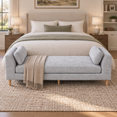Contemporary Textured Chenille Upholstered Daybed Bench with Armrests Two Bolster Pillows and Rubberwood Legs for Living Room Bedroom Apartment and Guest Room