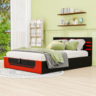 Grand lit plateforme tapissier avec tête de lit et rangement relevable