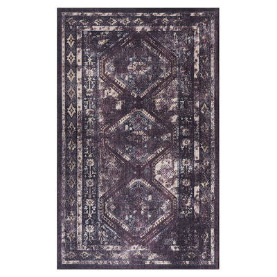 6X9 Washable Area Rug, Low-Pile Non-Slip For Living, Bedroom, Kitchen, Dining Room. Non-Shedding, Foldable, & Pet , Stain  Black+Burgundy Rug Machine Washable, Non-Slip. Enhances Interior. Living