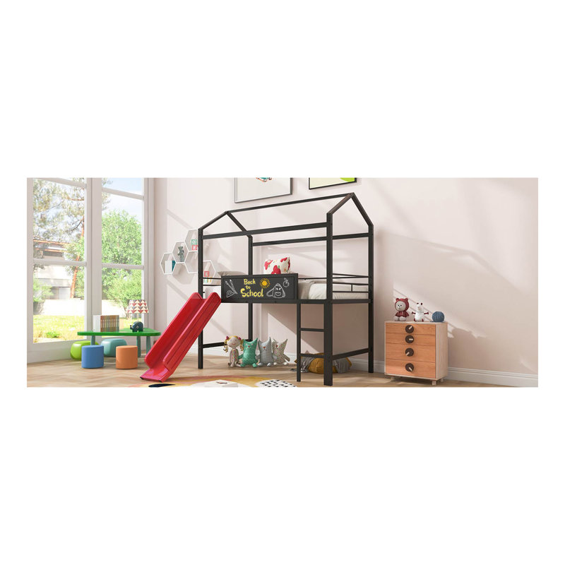Lit mezzanine en métal avec glissade, lit simple en métal avec planche inscriptible en bois (noir et rouge)