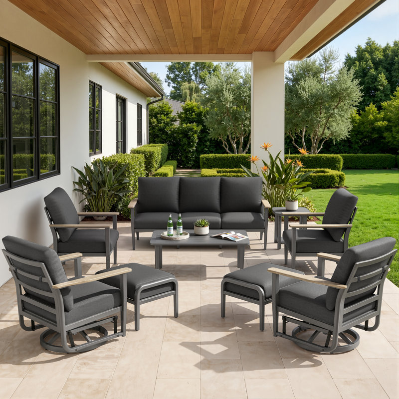 Ensemble de conversation d'extérieur pour 9 personnes avec chaises berçantes et repose-pieds pivotants en aluminium, Black
