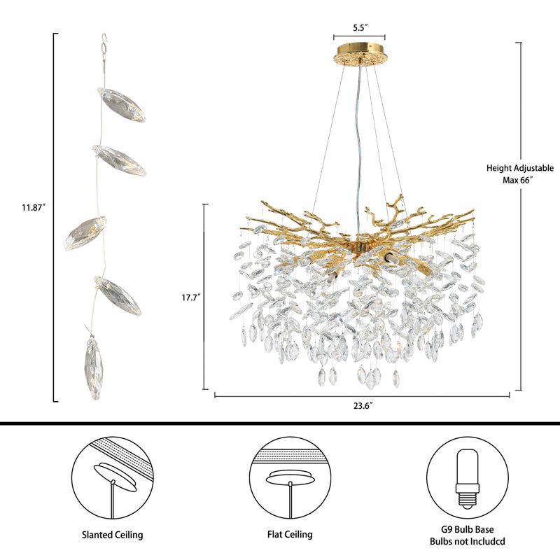 Lustre en cristal Paree Luxury, Doré, H 17,7 po x l 23,6 po x P 23,6 po