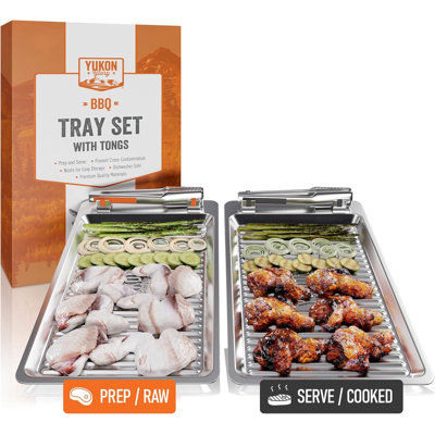 Yukon Glory 2-tray prep and serve set with color-coded tongs, stainless steel