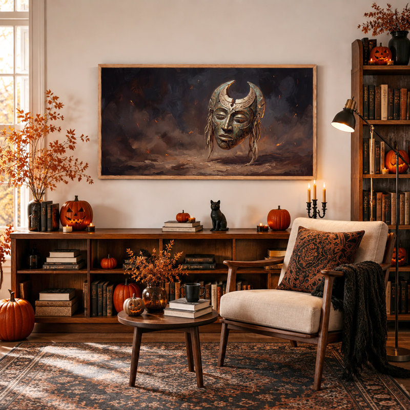 Masque de bronze avec croissant de lune et braises incandescentes - Décoration murale sur toile pour l'Halloween