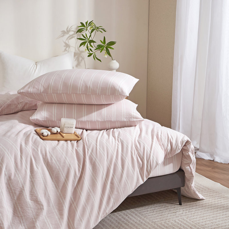 LIFETOWN Striped Duvet Cover Set 100% Washed Cotton Material Soft Linen Feel 3 Pieces Bedding Set, Pink/White Striped