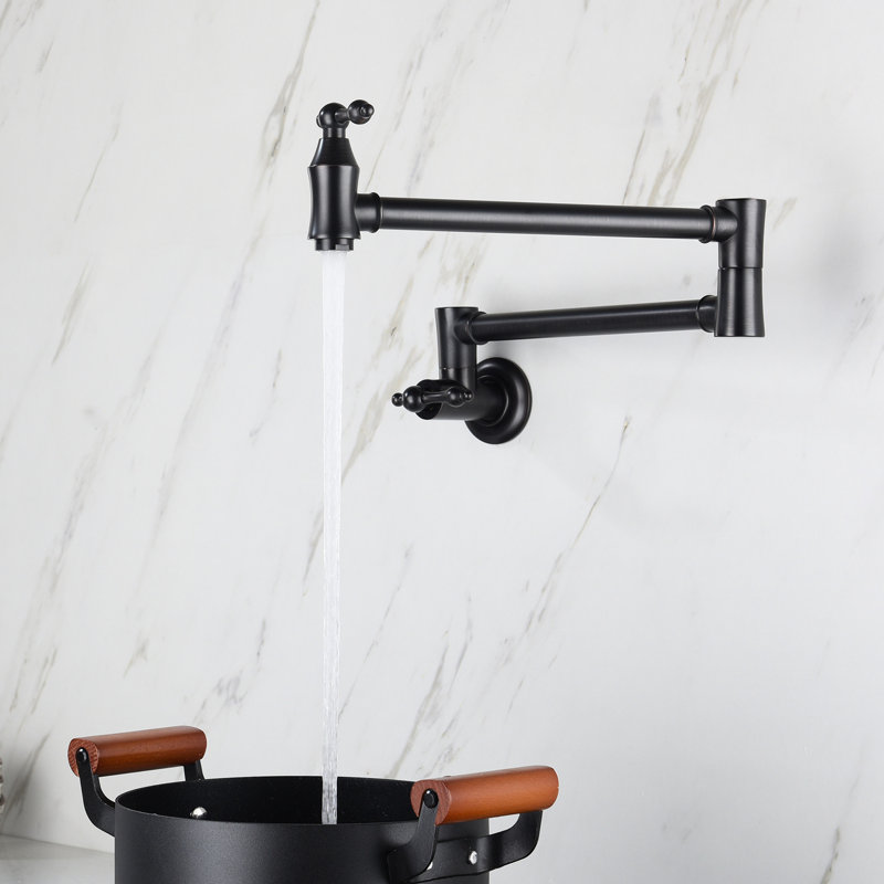 Wall Mount Folding Kitchen Pot Filler Faucet In Matte Black, 360 Rotation, Brass, Corrosion Coating, Double Handle Operation Foldable For Space Saving, Rotatable,