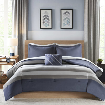 Striped Comforter With Bed Sheets, Blue Grey Tone, Material, Treatment, Machine Washable Bedding Ensemble Full And Sheet , Fill, , Consists Of Comforter, Shams, Pillow, Pillowcases For A Cozy Night