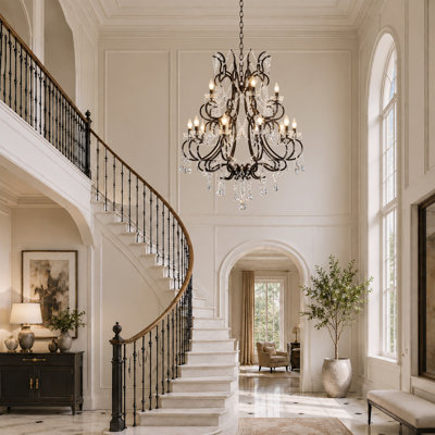 Lustre Tomball 10 lumières 33"W à intensité variable, style classique traditionnel, avec structure en cristal et métal, idéal pour le salon ou la salle à manger.
