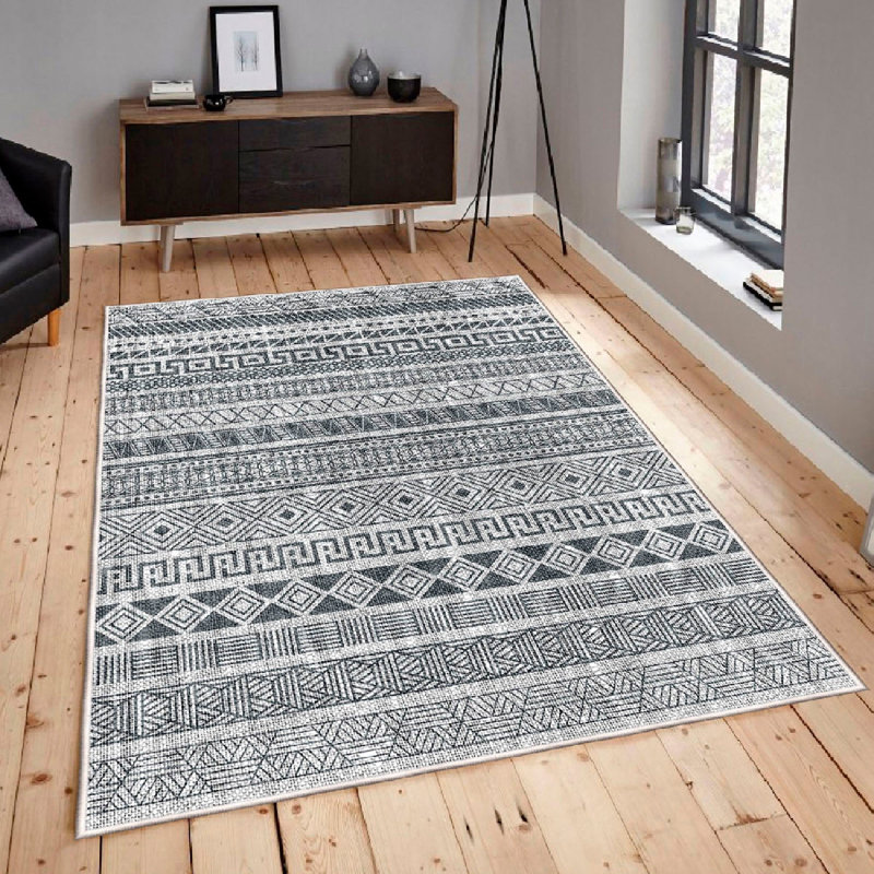 Premium Cotton Area Rug, 5.2 x 7.5 Feet | 100% Cotton, 1200 g/m², 0.3 in Pile Height | Antibacterial, Non-Slip PVC Underside, Machine Washable | Elegant Grey & Black Design for Living Room & Bedroom Décor