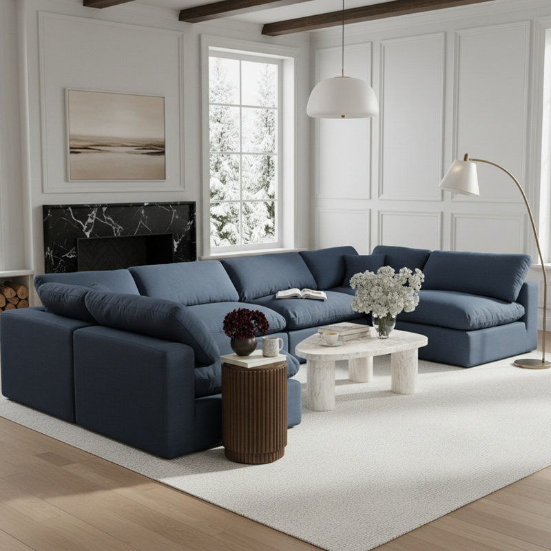 Canapé modulaire 6 pièces rembourré, Tissu texturé en lin bleu marine