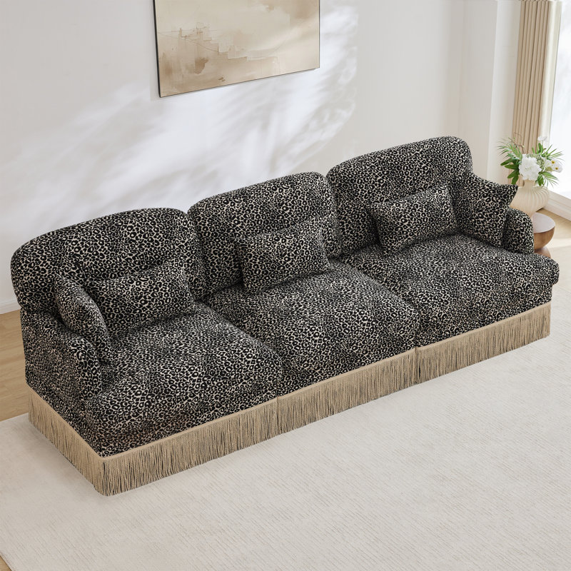Comfy Chenille Leopard Printing Sofa, Khaki, 34.6" H x 100.3" W x 33" W
