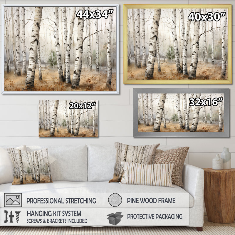 Minimalisme arbre Birchs Breath II - arbre bouleau, art mural, H 34 po x l 44 po x P 1,5 po, Toile tendue