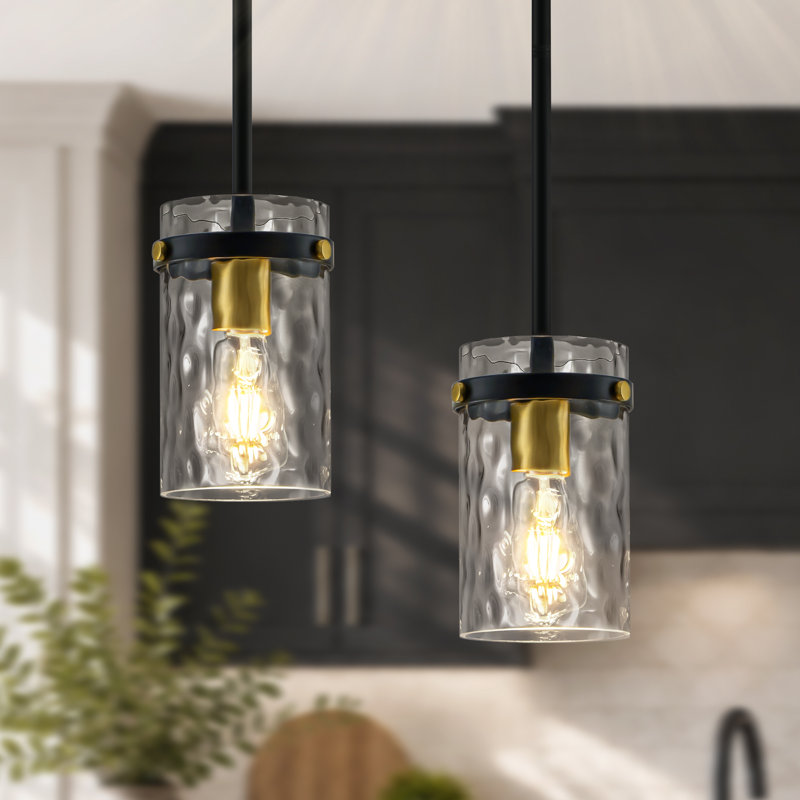 Suspension Levona 1 - Grande lumière pour îlot de cuisine avec abat-jour en verre martelé transparent (paquet de 2)