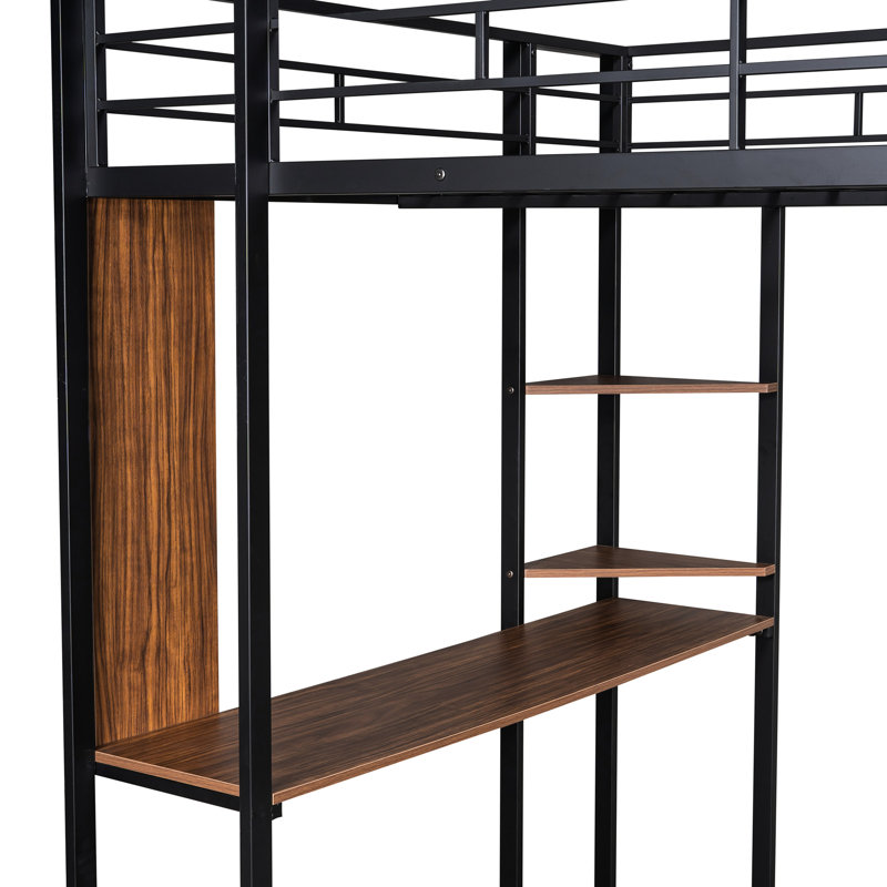 Lit mezzanine en métal noir avec bureau et 2 tablettes - pleine grandeur, stable, optimisant l'espace pour la taille et les tablettes, robuste