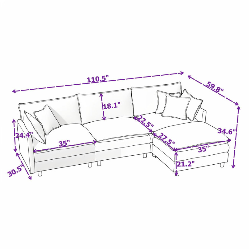 Canapé modulaire avec coussins de siège et repose-pieds mobile, Beige