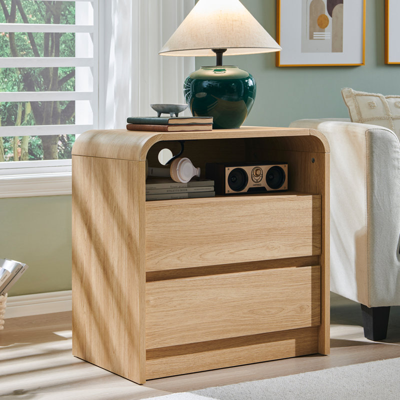 Table de bout moderne de 25 po de hauteur avec station de charge, table de chevet en bois de 23,6 po de largeur avec 2 tiroirs de rangement