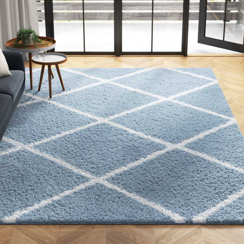 Geometric Blue/White Area Rug, Rectangle 8' x 10'