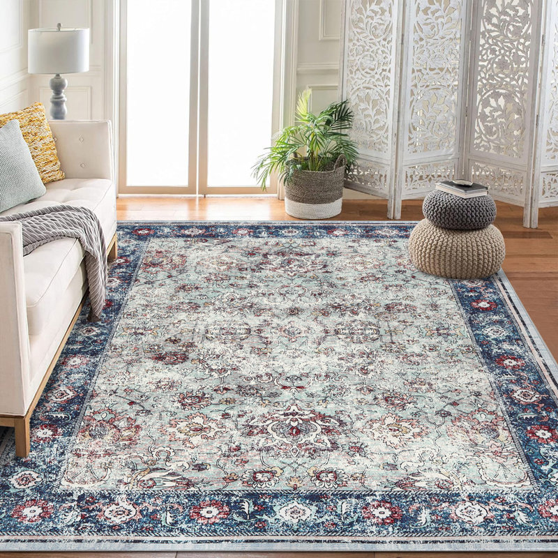 Vintage Washable Area Rug Distressed Floral Non-Slip Carpet Thin Collapsible Traditional Mat for Living Room Bedroom Kitchen Vintage Accent