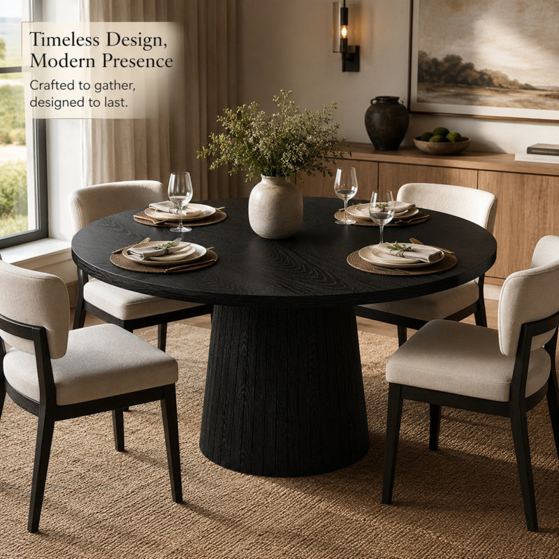 Table de salle à manger ronde Brathwaite 120 cm (47,24 po) pour 4 personnes, style ferme moderne, en MDF avec pied central cannelé.