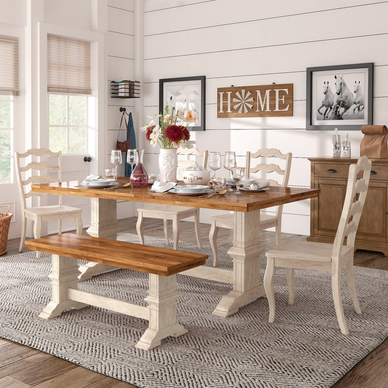 Greisofe 78" Solid Wood Oak Finish Top 6-Piece Dining Set With French Ladder Back Chairs And Bench, White, White